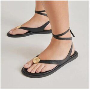 XYD Black Open Toe Metal Gold Hardware Flip Flops Ankle Wrap Lace-up Flat Sandal